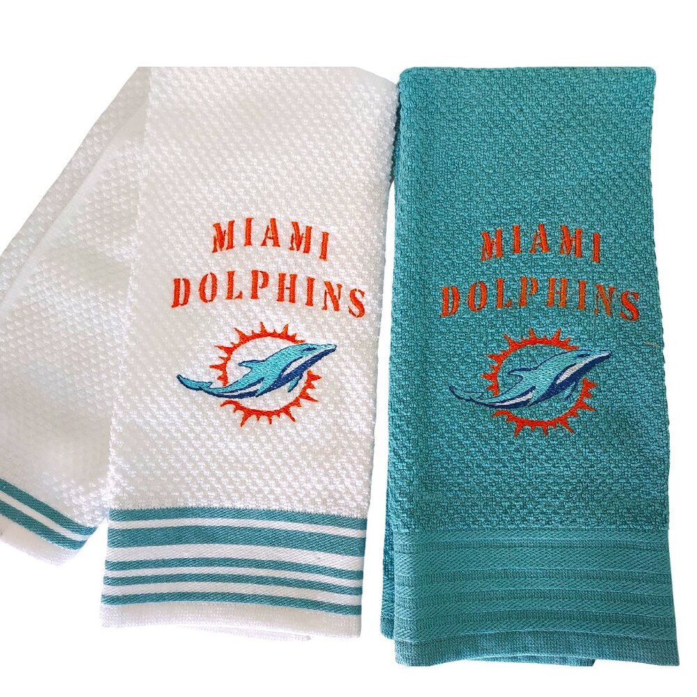 Miami Dolphins set of 2 Embroidered Tea towels , hands towels 100% Cotton